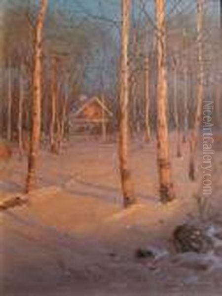 Winter Sunset Oil Painting by Svend Rasmussen Svendsen