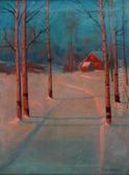 A Snow Scene Oil Painting by Svend Rasmussen Svendsen