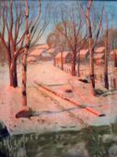 A Winter Landscape With Birch Trees And Cottages Oil Painting by Svend Rasmussen Svendsen