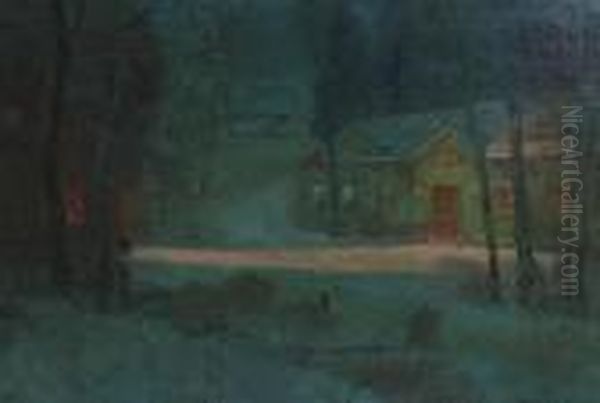 Village Scene At Night Oil Painting by Svend Rasmussen Svendsen