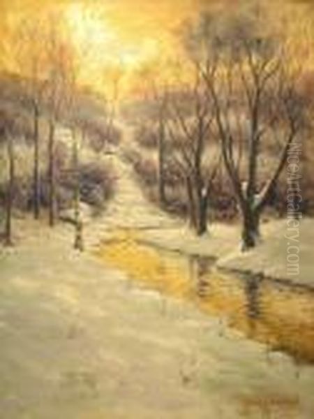 Winter Landscape With Stream Oil Painting by Svend Rasmussen Svendsen