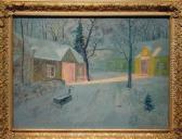 Snow Covered Country Road And The Village At Night: Two Oil Painting by Svend Rasmussen Svendsen