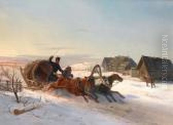 A Troika Galloping Through The Snow Oil Painting by Nikolai Egorovich Sverchkov