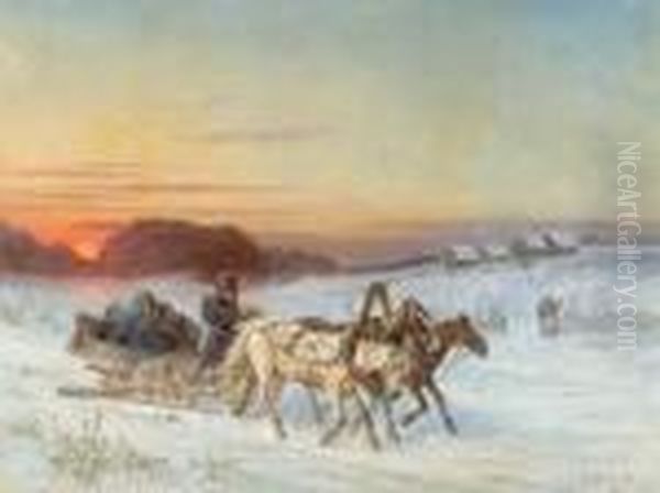 Troika In The Winter Oil Painting by Nikolai Egorovich Sverchkov