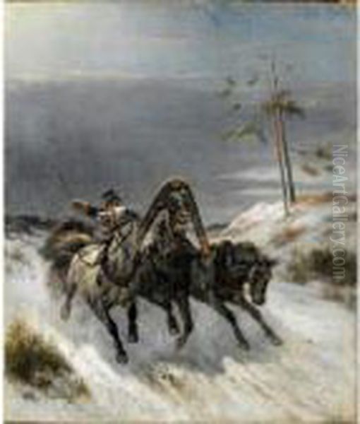 Troika Racing Through The Snow Oil Painting by Nikolai Egorovich Sverchkov