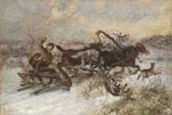 Wolfe Greifen Einen
 Pferdeschlitten An. Oil Painting by Nikolai Egorovich Sverchkov