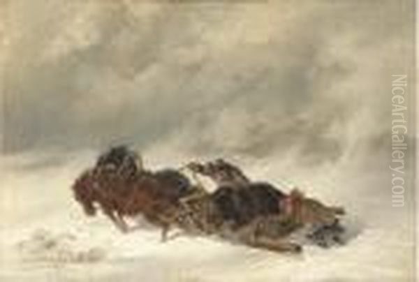 Horse Drawn Sledge In A Snowstorm Oil Painting by Nikolai Egorovich Sverchkov