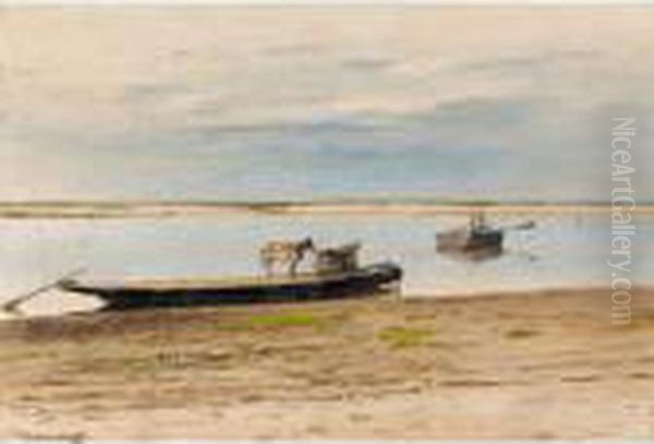 Two Boats By A Riverbank Oil Painting by Sergei Ivanovitch Svetoslavsky