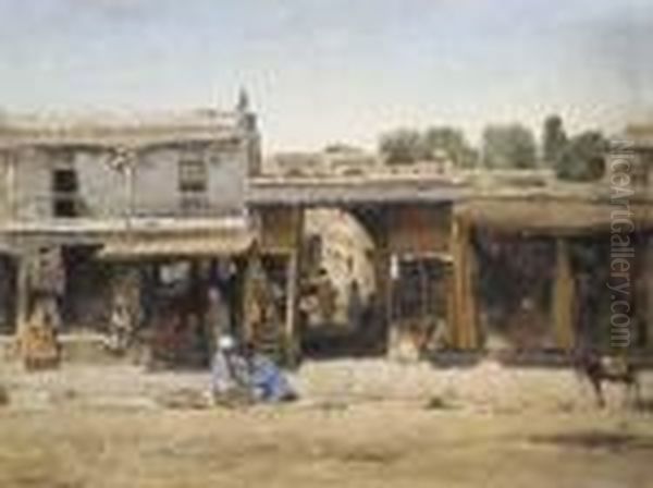 Oriental Market Scene Oil Painting by Sergei Ivanovitch Svetoslavsky