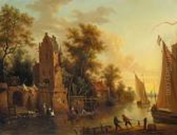 Flusslandschaft Mitbooten Und Architekturstaffage Oil Painting by Frans Swagers