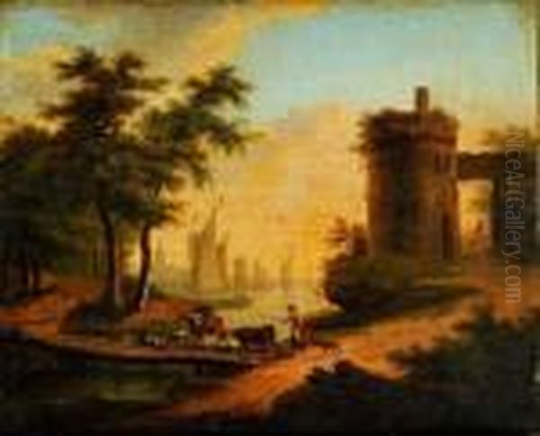 Le Passage Des Animaux Sur Le Petit Pont Sur Fond De Port Oil Painting by Frans Swagers