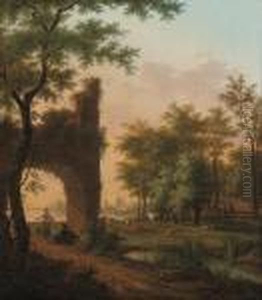 A Wooded River Landscape Oil Painting by Frans Swagers