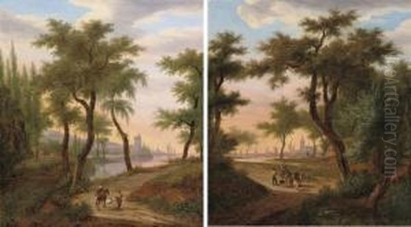 A Wooded River Landscape With Figures On A Track Oil Painting by Frans Swagers