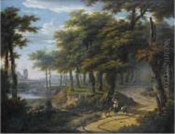 Paysage De Foret Avec Une 
Bergere Sur Un Chemin, Un Moulin Et Un Chteau Dans Le Fond, En Bord De 
Riviere Oil Painting by Frans Swagers