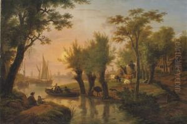 A River Landscape At Dusk With Fishermen In Boats And Cows Grazing Oil Painting by Frans Swagers