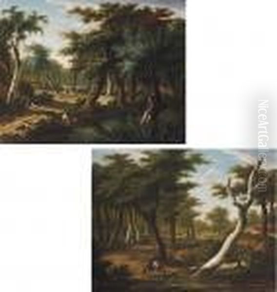 A Forest Landscape With A 
Soldier Resting, A Huntsman Shooting Ducks And A Hunting Party Beyond; 
And A Forest Landscape With A Huntsman Watering His Mount, A Haycart 
Passing Beyond Oil Painting by Frans Swagers