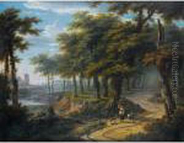 Paysage De Foret Avec Une 
Bergere Sur Un Chemin, Un Moulin Et Unchteau Dans Le Fond, En Bord De 
Riviere Oil Painting by Frans Swagers