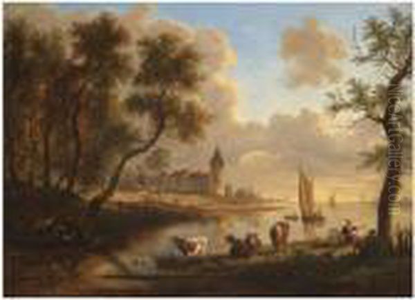 A Dutch River Landscape With Peasants And Cattle Resting By A Stream, A Village Beyond Oil Painting by Frans Swagers