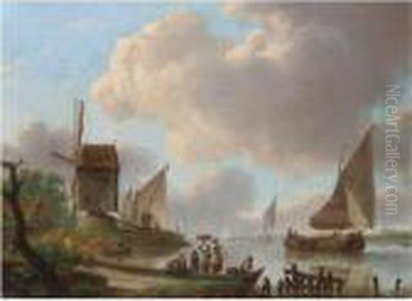 Barges On The River, Holland Oil Painting by Frans Swagers