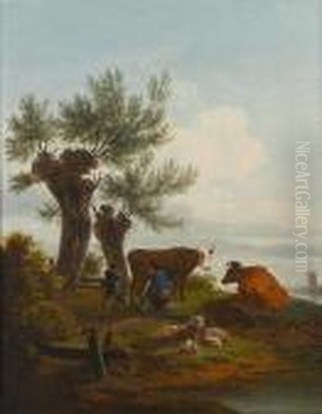 A Herdsman Milking A Cow, Sheep And Another Cow Grazing Nearby Oil Painting by Frans Swagers