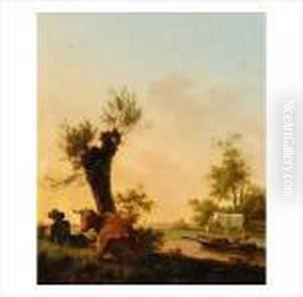 Vaches Et Personnages Au Coucher Du Soleil Oil Painting by Frans Swagers