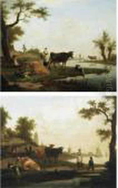 A Pair Of River Landscapes With Drovers And Their Animals Oil Painting by Frans Swagers