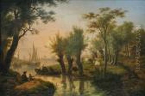 A River Landscape Atevening Oil Painting by Frans Swagers