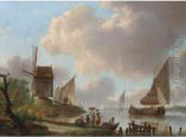 A River Landscape With A Windmill And Barges Oil Painting by Frans Swagers