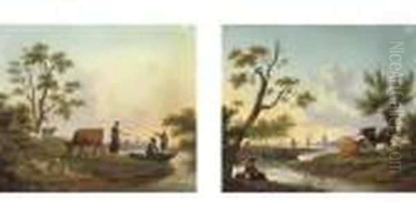 A Pastoral River Landscape With A
 Milkmaid Conversing With Two Men In A Boat; And A Pastoral River 
Landscape With An Angler And Peasants In A Boat Oil Painting by Frans Swagers