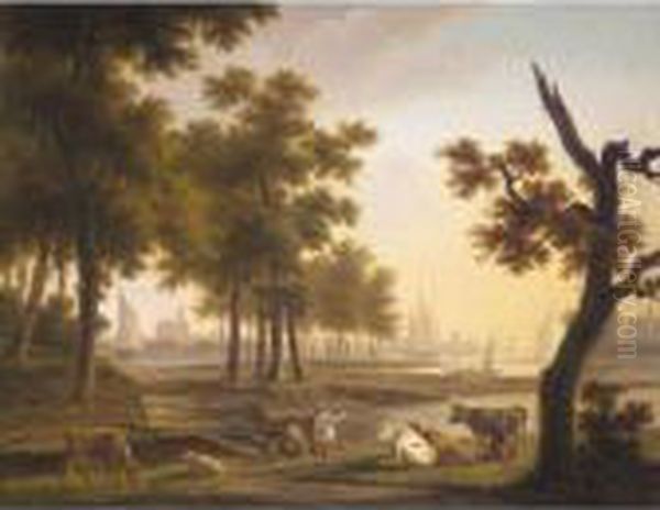 A River Landscape With A 
Dairymaid Milking Cows, Together With Other Figures, A Town Beyond Oil Painting by Frans Swagers