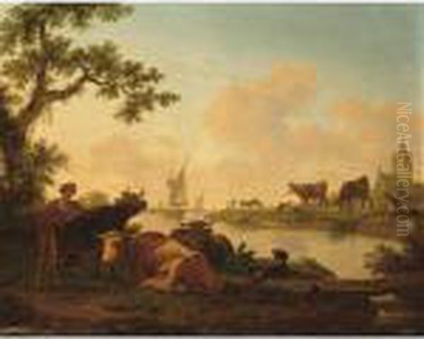 A River Landscape With A 
Shepherdess And Her Cattle In The Foreground, A View Of A Village With A
 Church In The Background At Sunrise; A River Landscape With Cows And 
Goats In The Foreground Together With A Shepherdess And A Boy Fishing, A
 View Of Oil Painting by Frans Swagers