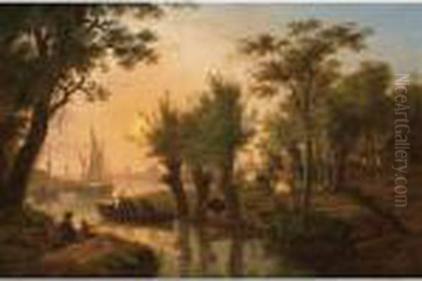 A River Landscape With Fishermen
 In A Boat Near A Meadow With Cows At Sunset, Sailing Vessels And A Town
 In The Background Oil Painting by Frans Swagers