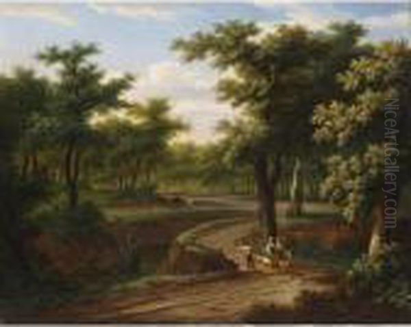 A Wooded Landscape With A 
Shepherdess And A Child On A Donkey On A Path Conversing With A Peasant 
Near A Stream, A Herdsman And His Herd In The Background Oil Painting by Frans Swagers