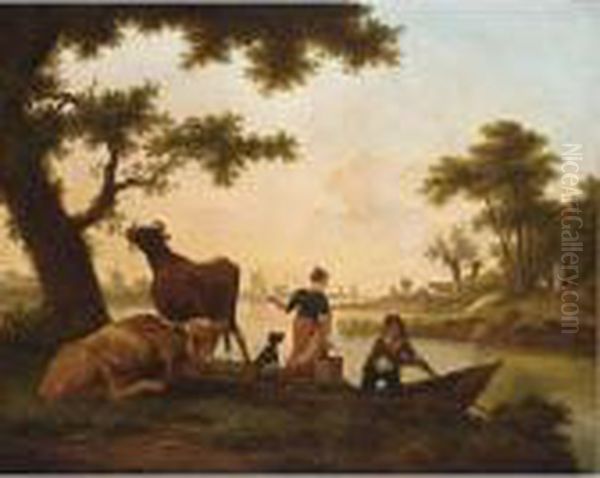 A River Landscape With A Couple 
Conversing Near A Ferry Together With Cows Near A Tree, Figures And 
Cattle On A Path Beyond Oil Painting by Frans Swagers