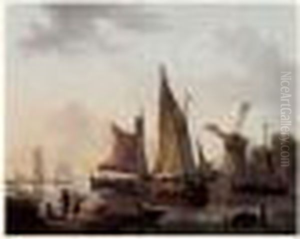 Bateaux, Voiles Deployees, Dans Un Port En Hollande Oil Painting by Frans Swagers