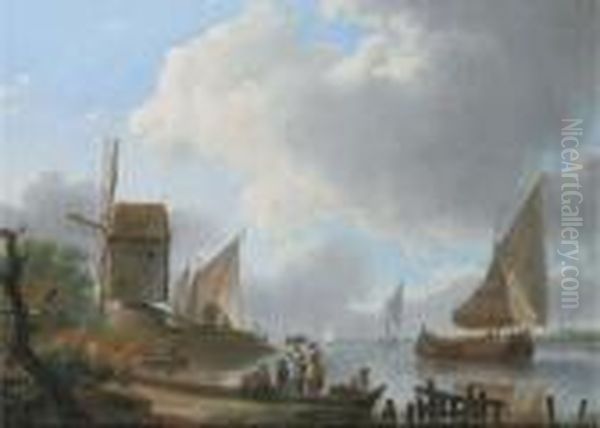 A River Landscape With A Damlooper And Figures On The Shore By Awindmill Oil Painting by Frans Swagers