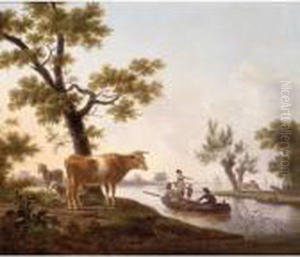 Riverscape With Cows Grazing Along The Shoreline Oil Painting by Frans Swagers