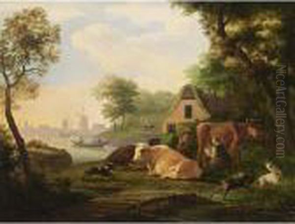 A River Landscape With A Maid 
Milking A Cow, A Shepherd And Their Herd In Front Of A Farm Oil Painting by Frans Swagers