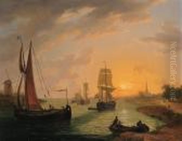 Shipping On A River At Sunset Oil Painting by Frans Swagers