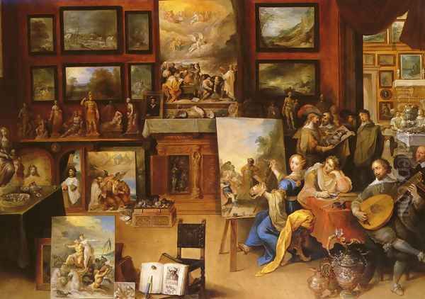 Pictura, Poesis and Musica in a Pronkkamer Oil Painting by Frans the younger Francken