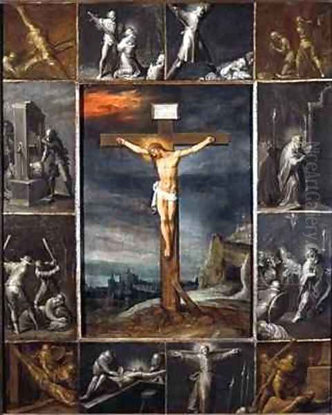 The Crucified Christ Enframed with Scenes of Martyrdom of the Apostles Oil Painting by Frans the younger Francken