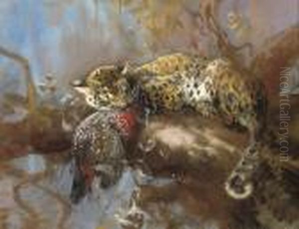 A Leopard With Its Prey Oil Painting by Cuthbert Edmund Swan