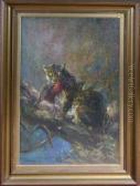 A Leopard And An Exotic Bird On A Bough Oil Painting by Cuthbert Edmund Swan