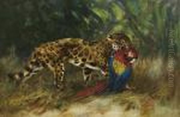 Leopard Tenant Dans Sa Gueule Un Ara Oil Painting by Cuthbert Edmund Swan