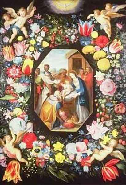 Adoration of the Magi Surrounded by a Garland of Flowers Oil Painting by Frans the younger Francken