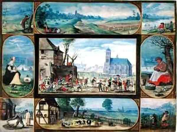 Composite of ten allegorical scenes of life in the town and country Oil Painting by Frans the younger Francken