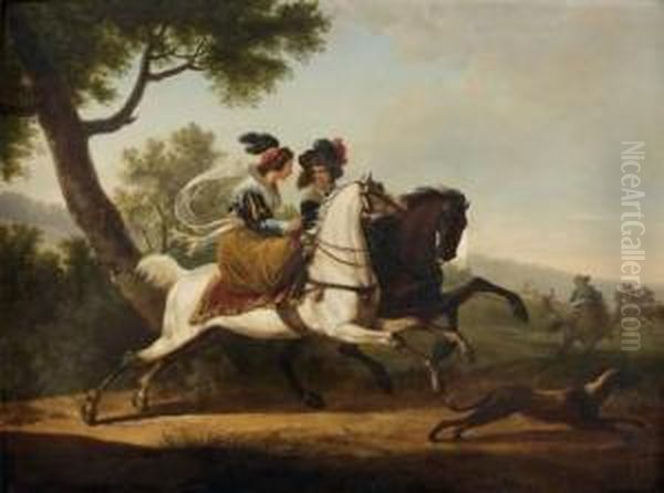 Couple De Cavaliers Sur Fond De Chasse A Courre Oil Painting by Edouard Bernard Swebach