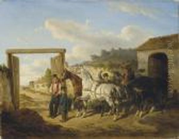 L'attelage Des Chevaux De Poste Oil Painting by Edouard Bernard Swebach