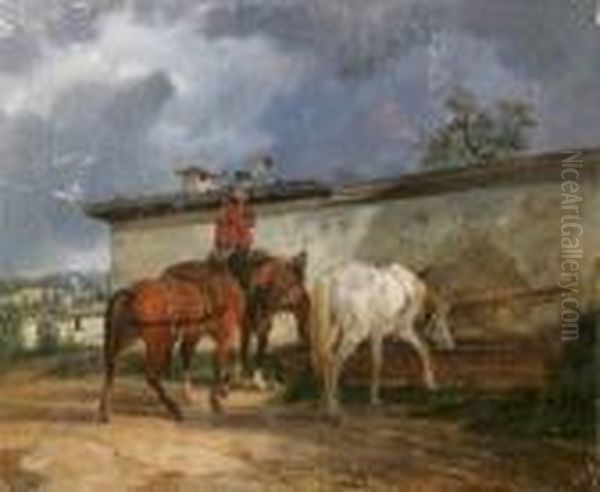 Cavalier Menant Les Chevaux A L'abreuvoir Oil Painting by Edouard Bernard Swebach