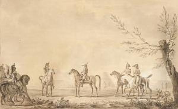 Une Revue D'un General De 
Brigade Et Deux Aides De Camp Du Campement D'un Regiment De Cuirassiers 
En Grande Tenue ; Les Chevaux Du Regiment Au Repos. Oil Painting by Edouard Bernard Swebach